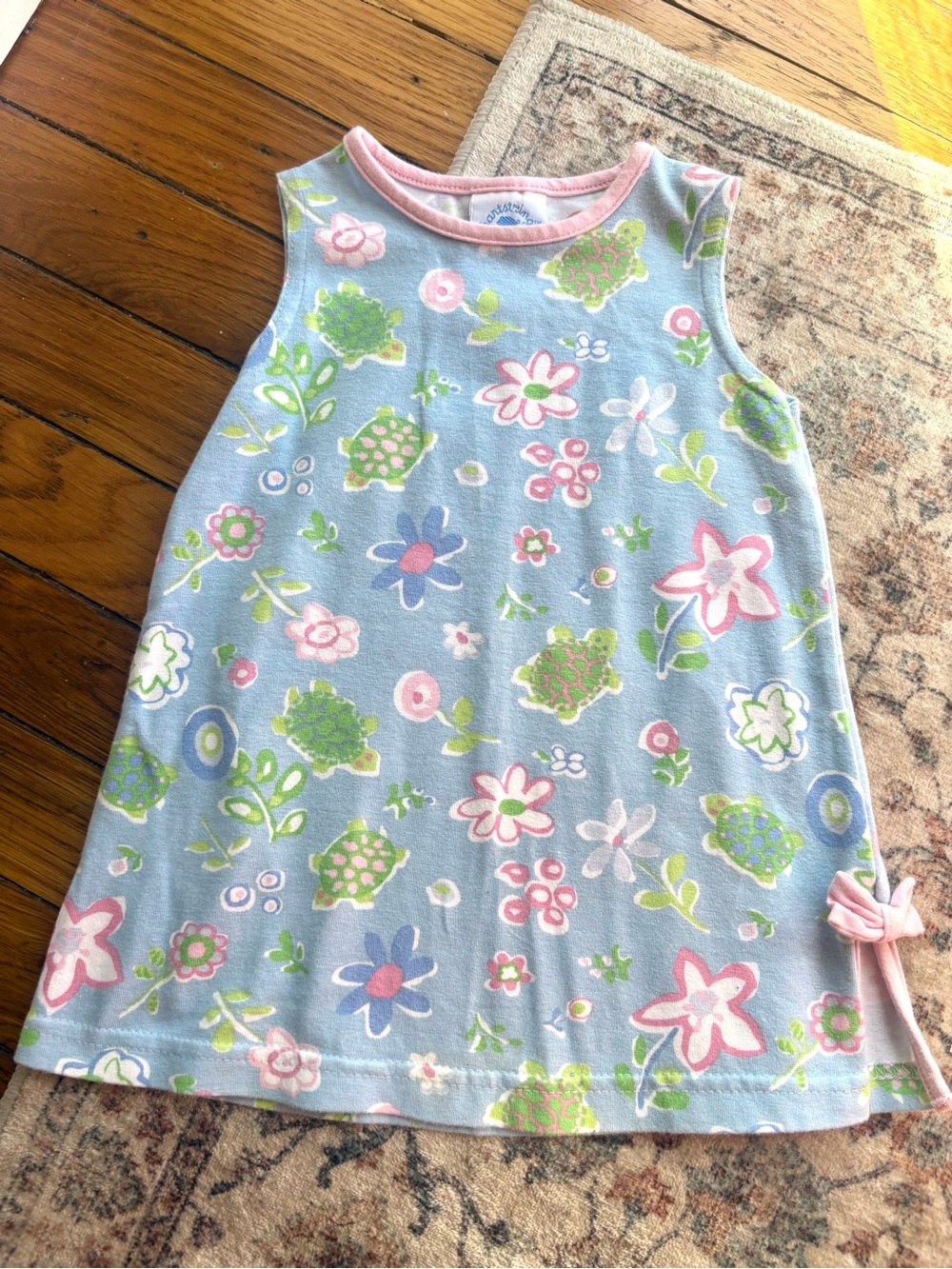 Vintage 12M Hartstrings Blue Floral Turtle Print Sleeveless Dress with Pink Trim